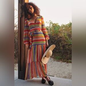 Anthropologie Farm Rio Luana Maxi Dress Size XS Long Sleeve Beach Boho Bohemian